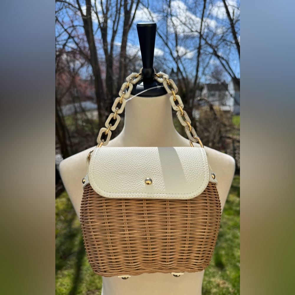 Tommy Bahama Wicker & White Leather Handbag Purse Fishing Creel Basket Tan NWOT